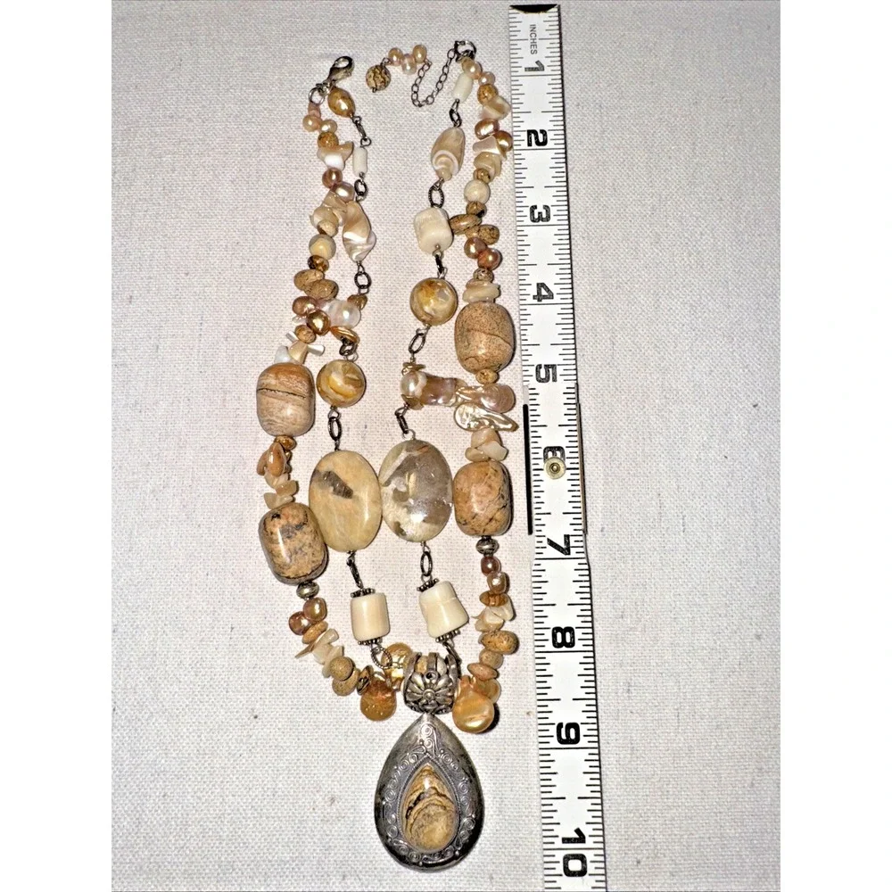 Vintage Sterling Silver Mother of Pearl Jasper‎ Necklace Womens OS Tan Bohemian